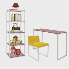 Kit Escritório Ravi 1 Cadeira Suede Amarelo com 1 Mesa e 1 Livreiro Ferro Branco mdf Rose Rosa - Ahazzo Móveis