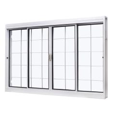 Janela De Aço De Correr Central 100x150cm 4 Folhas Com Grade Quadriculada E Vidro Liso Qualitysol Ramassol Branco