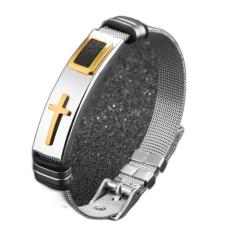 Pulseira Masculina Bracelete Malha de Aço Cruz Dourada