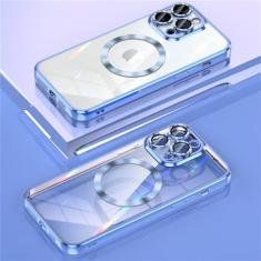 Capa de TPU macia com revestimento magnético de carga sem fio para iPhone 14 Plus 13 12 11 Pro Max Capa de filme de vidro de proteção de lente, azul, para iPhone 14Pro Max