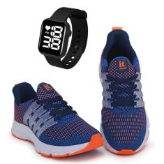 Tênis Masculino Esportivo Caminhada + Relógio Digital - It Save, Azul,