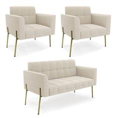 Namoradeira E 2 Poltronas Pé De Ferro Dourado Elisa Bouclê Bege D03 - D`rossi