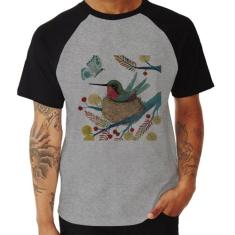 Camiseta Raglan Beija Flor No Ninho - Foca na Moda, Cinza, Preto, P