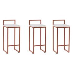 Kit 3 Banquetas Bar Cozinha Bistrô Altas em Aço Industrial Dori Cobre Assento Suede Branco