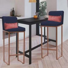 Kit 02 Banqueta Alta com Encosto Lucca Industrial Cozinha Balcão Ferro Bronze Suede Azul Marinho e Almofada Rose Gold - Ahazzo Móveis