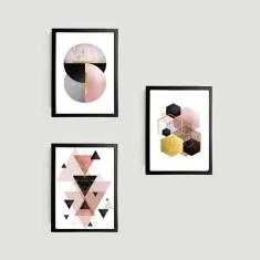 Kit 3 Quadros Geométrico Trend Escandinavo 45X34Cm Preta