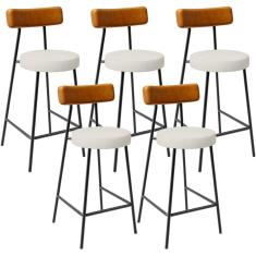 Kit 05 Banquetas Baixa Cozinha Sala Jantar Milão L02 Couríssimo Whisky Linho Champagne - Lyam Decor