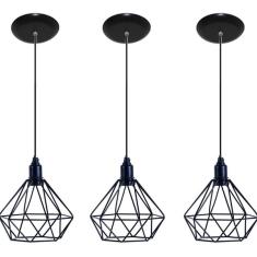 Kit Com 03 Luminarias Pendente Aramado Modelo Diamante - Preto