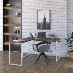 Mesa de Escritório em L Estilo Industrial 135x150cm Kuadra Nogal / Est.Branca