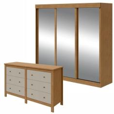 Conjunto de Guarda-Roupa 3 Portas 3 Gavetas Saion Plus Super Glass e Cômoda Maggiore New  Amêndoa Clean/Off White/Amêndoa Clean