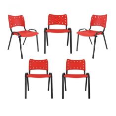 Kit 5 Cadeiras Iso Para Escola Escritório Comércio Vermelha Base Preta