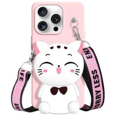 SGVAHY Capa carteira para iPhone 13 Pro Max com cordão de cordão fofo gato rosa bolsa de moedas engraçada capa de telefone kawaii de silicone macio à prova de choque para mulheres meninas