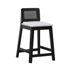 Banqueta Média Gabi Madeira Maciça Telinha - Preto Assento Estofado Linho Bege