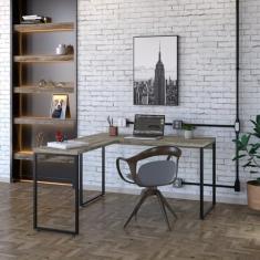 Mesa de Escritório em L Estilo Industrial 135x150cm Kuadra Carvalho/Est.Preta