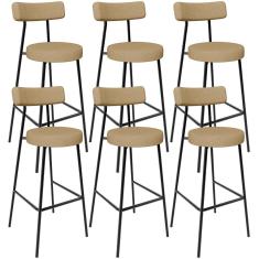 Kit 06 Banquetas Alta Bar Cozinha Sala De Jantar Em Aço Milão L02 Linho Bege Escuro - Lyam Decor