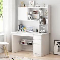 Mesa de madeira para computador com estante e cabana, grande mesa de escritório doméstico com gaveta e prateleira de armazenamento, mesa moderna para laptop PC, mesa de trabalho com economia de espaço