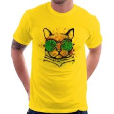 Camiseta Gato de Óculos Psicodélico - Foca na Moda, Amarelo, P