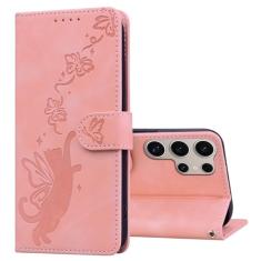 Refilerss Capa carteira para Samsung Galaxy S24 Ultra, capa flip de couro premium com suporte para cartão, fecho magnético, borboleta, padrão de gato, suporte à prova de choque, capa protetora para