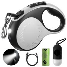 Coleira retrátil para cães com luz LED, coleira recarregável Douexio de 5 metros para cães pequenos e médios até 30 kg, livre de emaranhamento de 360°, controle de um botão, gancho de alta resistência