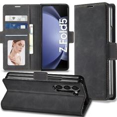 Qissy Capa flip de couro para Samsung Galaxy Z Fold 5 com proteção de dobradiça, capa carteira magnética fina e luxuosa [porta-cartão], proteção total à prova de choque para Samsung Z Fold 5