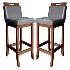 Kit 2 Banquetas Média para Cozinha Milão Madeira Castanho Suede Cinza CCS