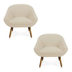 Kit 02 Poltronas Giovana Linho Pés Palito Castanho A19 Grosso Bege