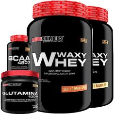 KIT 2x Whey Protein Waxy Whey 2kg + Glutamina 500g + BCAA 4800 250 Cápsulas - Bodybuilders (Baunilha e Cappuccino)