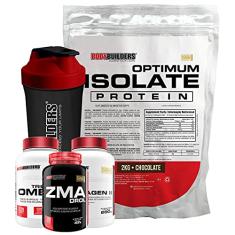 Kit Optimum Isolate 2kg + Colágeno 200g Morango + Zma 120 Cáps + Ômega 120 Cáps + Coqueteleira - Bodybuilders