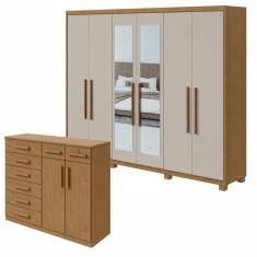 Conjunto de Guarda-Roupa 6 Portas com Espelho e Pés Áries e Cômoda Toronto Amêndoa Clean/Off White