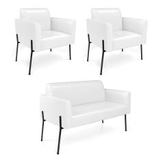 Sofá Namoradeira E 2 Poltronas Pé De Ferro Preto Marisa Corano Branco D03 - D`rossi