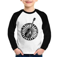 Camiseta Raglan Infantil Rock n Roll Never Die Guitarra Manga Longa - 