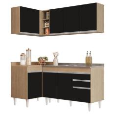 Armário De Cozinha Modulado De Canto Direito 4 Peças Cp39 Com Pia Inox Castanho/preto - Lumil