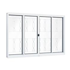 Janela de Aço de Correr 100x150cm 4 Folhas com Grade Mosaico e Vidro Liso Riobraso Branco