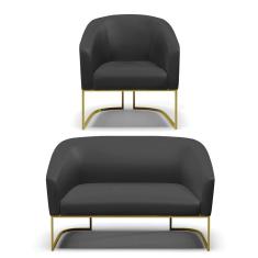 Sofá Namoradeira E Poltrona Base Industrial Dourado Stella Corino D03 - D'rossi Cor Preto