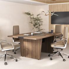 Mesa De Reunião Modular Para Escritório Em Tamburato 50mm Com Caixa De Tomada E Tampo Em Tamburato Nogal-preto