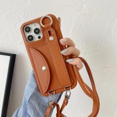 Capa de telefone crossbody com alça de pulso para iPhone 13 12 Mini 15 14 11 Pro XS Max XR 7 8 Plus Porta-cartões Capa de couro com cordão, marrom, para iPhone 15 Pro