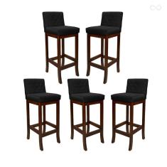 Kit 5 Banquetas Média com Encosto Matelassê Tóquio Madeira Maciça Suede Preto CCS