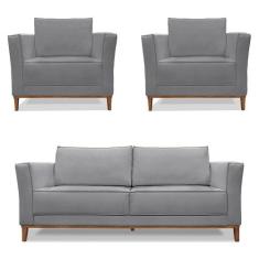 Kit 2 Poltronas e Sofá Living 2 Lugares 1,70m Vega Linho Pés Castanho 