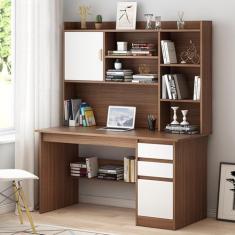 Mesa de madeira para computador com estante e cabana, grande mesa de escritório doméstico com gaveta e prateleira de armazenamento, mesa moderna para laptop, mesa de trabalho com economia de espaço