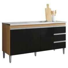 Balcão Para Pia Andréia 160 Cm 3 Portas Amendoa Preto Ajl