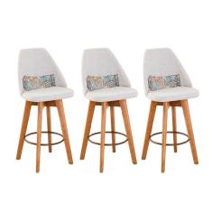 Kit 03 Banquetas Alta Maya Giratória Com Encosto Linho Bege Claro e Almofada Folhas - Aurora Line