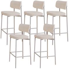 Kit 05 Banquetas Alta Bar Cozinha Sala De Jantar Aço Branco Kaira C01 Linho Palha - Lyam Decor