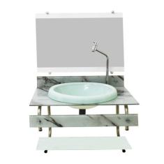 Gabinete Com Cuba Para Banheiro De Vidro Itxx 60cm Inox Mármore Branco