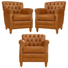 Kit 03 Poltronas Decorativas Sala de Estar Níger Pés Madeira Couro Mel - Gran Belo