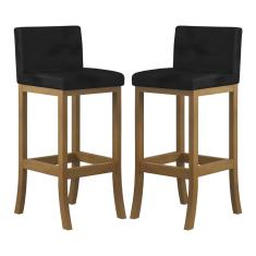 Kit 2 Banquetas Média Encosto Estofado 38x90Cm Ilha Espanha Madeira Maciça Amêndoa Suede Preto CCS