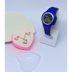 Kit Relógio Infantil Digital Luz Led Colorido Esporte Meninas Cronometro  + Conjunto Colar e Brincos Aço Delicado
