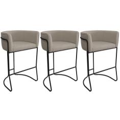 Kit 03 Banquetas Alta com Encosto Betina Base Preto Poliéster Bege Esc