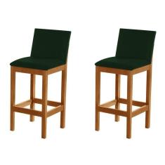 Kit 2 Banquetas Alta Luxo Pérola Com Encosto Estofada Em Veludo Verde Madeira Maciça Castanho