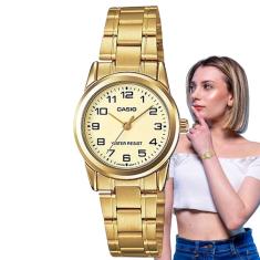 Relógio Feminino Casio Analógico Pequeno Redondo Clássico Aço inoxidável Casual Dourado LTP-V001G-9BUDF