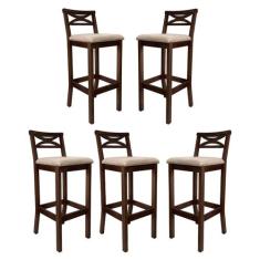 Kit 5 Banquetas Alta Estofada para Bancada Madri Madeira Capuccino Sue